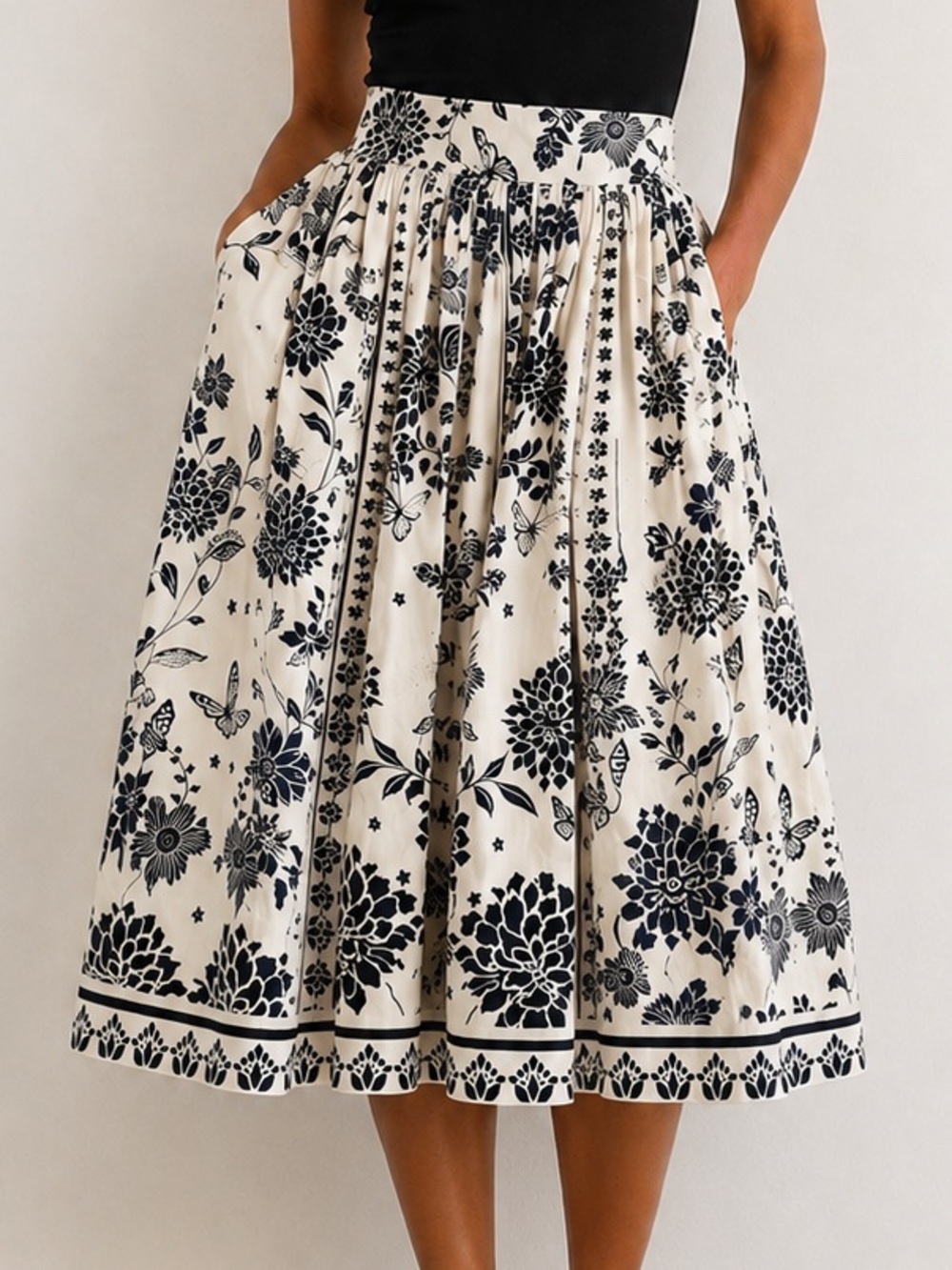 AVEC LES FILLES Botanical Print Smock Waist Midi Skirt